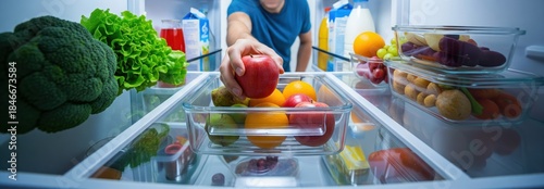 Fresh Fruits and Vegetables Organized in Refrigerator with Healthy Lifestyle Focus
