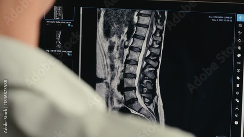 MRI Screening whole spine, a doctor analyzing CT scans to find treatment solutions. High quality 4k footage