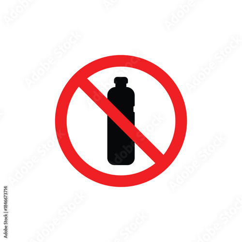 Flat vector illustration of a no bottle sign with red prohibition circle and black container silhouette. Clear warning symbol for restriction, ban, safety rule, or prohibited items in public areas.