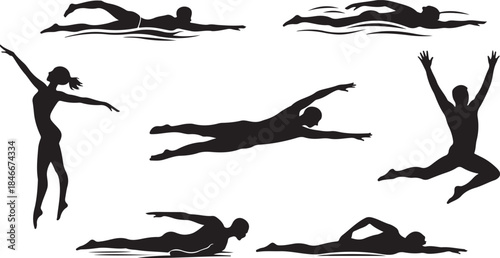 Dynamic black silhouettes capturing various swimming styles and water activities