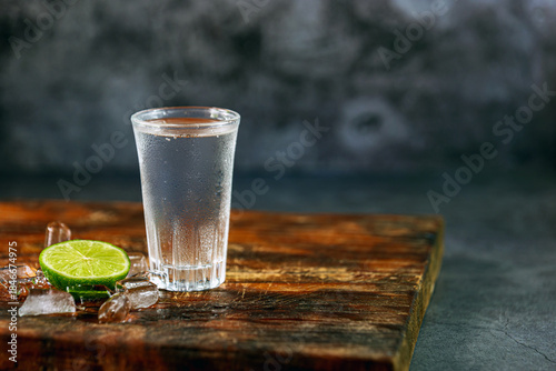 Vodka. Shots, glasses with vodka with ice and lime on gray background