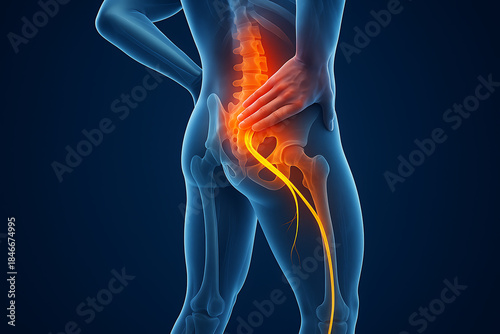 Human body anatomy with sciatic nerve highlighted in glowing orange showing leg pain condition