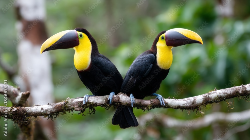 Fototapeta premium In a vibrant forest setting, two toucans sit side by side on a sturdy branch, their bold beaks and bright plumage displaying the beauty of nature