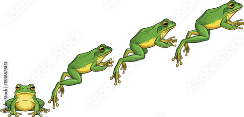 Cartoon frog jumping sequence illustration showing step by step leap motion, green amphibian character animation poses isolated on white background