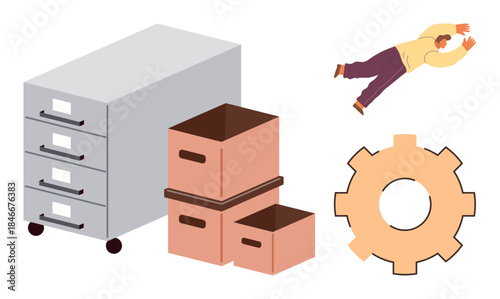 Filing cabinet, cardboard boxes, gear cog, and a falling worker. Ideal for teamwork, organization, planning, workplace safety productivity process improvement and efficiency. Simple flat metaphor