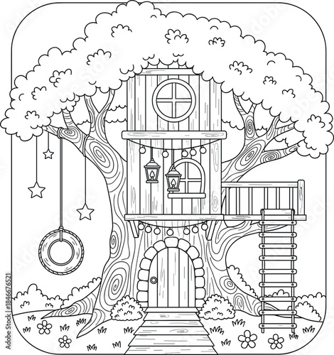 Whimsical tree house line art illustration with wooden cabin, stairs, hanging tire swing and stars, fantasy nature coloring page vector design