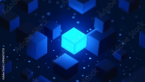 A computer generated image of a cube in the middle of a dark blue background.