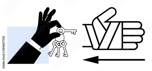 Security concept. Hand holding keys emphasizing security and ownership, alongside a bandaged thumb risk awareness. Security through decision-making and responsibility. For safety technology