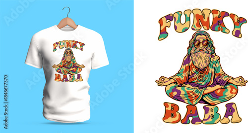 Vector T-shirt design of a meditating bearded man in colorful psychedelic patterns with the text “Funky Baba.” The character’s flowing robes, swirling motifs, and vibrant rainbow palette