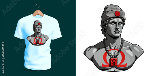 Vector T-shirt design of a classical marble statue dressed in modern streetwear including a beanie hat and chain featuring the Omega symbol. The grayscale sculptural face contrasts with contemporary