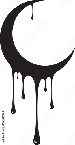 Dripping Crescent Moon Icon Stylized Black Silhouette of Melting Night Sky Symbol