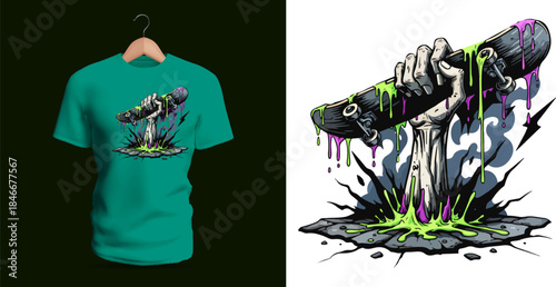 Dark, horror-inspired vector artwork showing a skeletal zombie hand rising out of toxic slime while gripping a graffiti spray can dripping paint. Grimy textures, eerie atmosphere, and bold comic-style