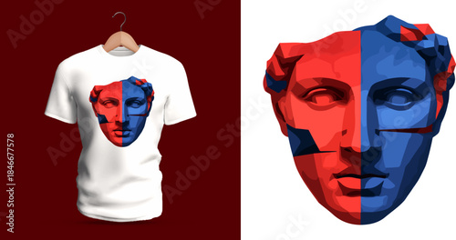 Vector T-shirt design of a dual-tone red and blue classical statue face, divided sharply down the middle. Geometric shadows and angular color blocking give the sculptural portrait a bold modern