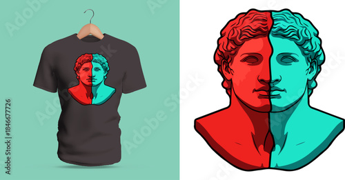 Vector T-shirt design of a split two-tone classical bust with one side in bright red and the other in cool cyan. Clean bold contours and smooth shading form a striking minimalist pop-art inspired