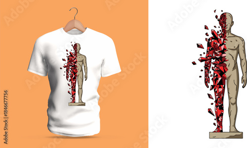 Vector T-shirt design of a human statue form breaking apart with floating red shards on one half of the body. The fragmented silhouette stands upright like a sculptural figure dissolving