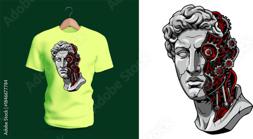 Vector T-shirt design of a classical statue head mechanically fused with exposed gears, wires, and robotic textures on one side. The contrast between stone and red metallic machine parts forms