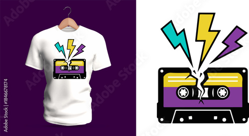 Vector T-shirt design of a retro cassette tape struck by three bold lightning bolts in blue, yellow, and purple. Clean graphic lines, bright colors, and sharp electric shapes create an energetic