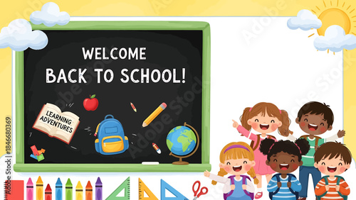 Welcome Back to School Illustration Featuring Diverse Children and School Supplies