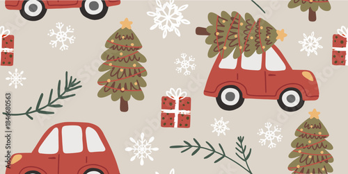 Cute Christmas Cars with Trees and Snowflakes