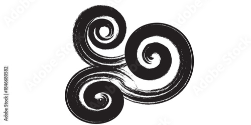 Black and white triskelion symbol with a brush stroke texture representing Celtic art and ancient symbolism.