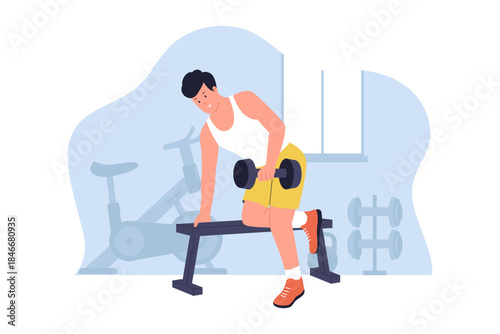 Vector Illustration of a Man Lifting Weights at a Fitness Center. A Man Lifting Weights with a Trainer for Fitness and Strength Training.