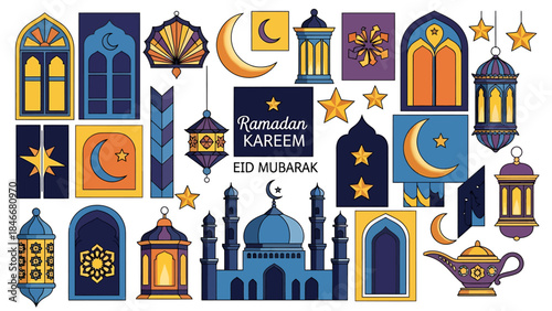 Ramadan Kareem Eid Mubarak decorative elements with Islamic architecture and lanterns