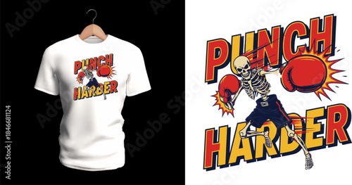 Vector T-shirt design of a boxing skeleton punching forward with oversized gloves accompanied by bold comic text “Punch Harder.” Energetic lines, exaggerated motion, and vivid colors create a dynamic