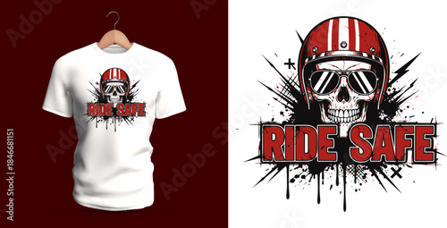Vector T-shirt design of a biker skull wearing a striped helmet and goggles with the text “Ride Safe.” Splattered ink lines and strong black-red tones create a gritty rebellious motorcycle-themed