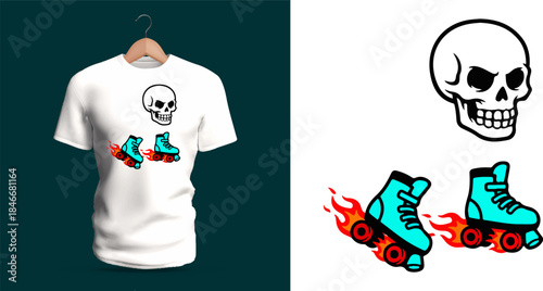 Vector T-shirt design of a playful skull wearing roller skates with fiery wheels, gliding forward cheerfully. Bright flames, smiling bones, and cartoon curves create a fun energetic skating