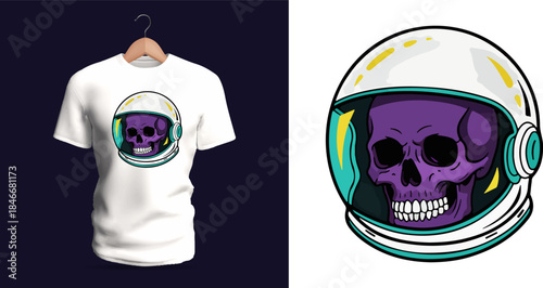 Vector T-shirt design of a purple skull inside a reflective astronaut helmet. Smooth highlights, space-themed curves, and the eerie skull grin create a surreal fusion of sci-fi exploration and dark