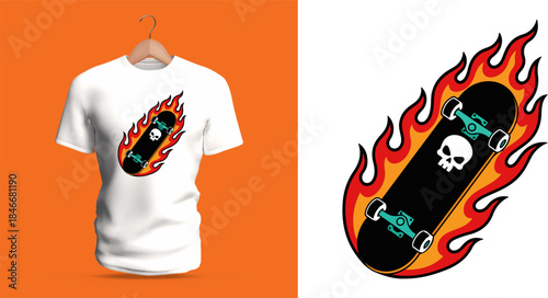 Vector T-shirt design of a burning skateboard with a skull emblem on the deck. Fierce red flames and bold outlines enhance the sense of speed, heat, and rebellious extreme-sport attitude.