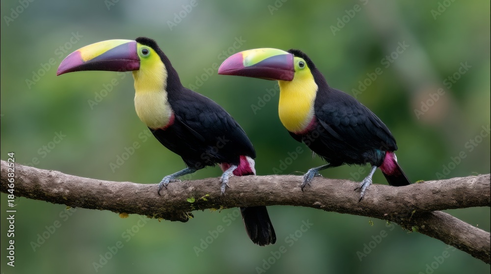 Fototapeta premium Two toucans sit gracefully on a sturdy branch, their vivid beaks shining in the sunlight. The lush greenery of the forest surrounds them, creating a beautiful and tranquil scene