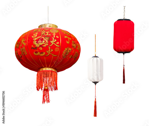 Red Chinese lantern with golden floral patterns and tassels isolated on trasparent background. Traditional decorative hanging lamp symbol for Lunar New Year festival, holiday and celebration. PNG file