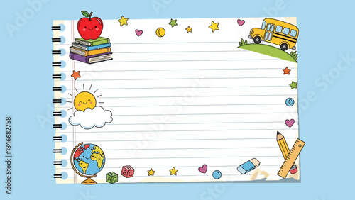 Blank Notebook Page with School Supplies and Illustrations - Perfect for Educational Content and Creative Projects