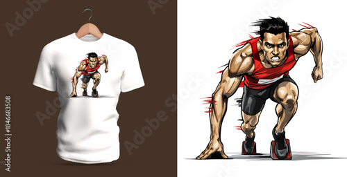 Vector T-shirt artwork of a sprinter in an explosive starting stance, muscles fully engaged, leaning forward aggressively with sharp motion accents that capture raw power, speed, athletic readiness