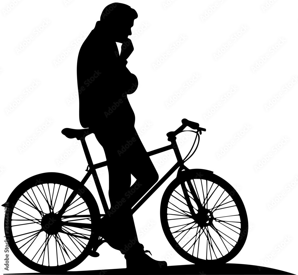 Fototapeta premium Person Standing Beside Bicycle – Black Silhouette Vector