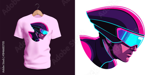 Vector T-shirt illustration of a futuristic helmeted rider in neon lighting, shown in a sleek aerodynamic profile with glowing visor highlights, sharp contours, and bold cyber-style color contrasts