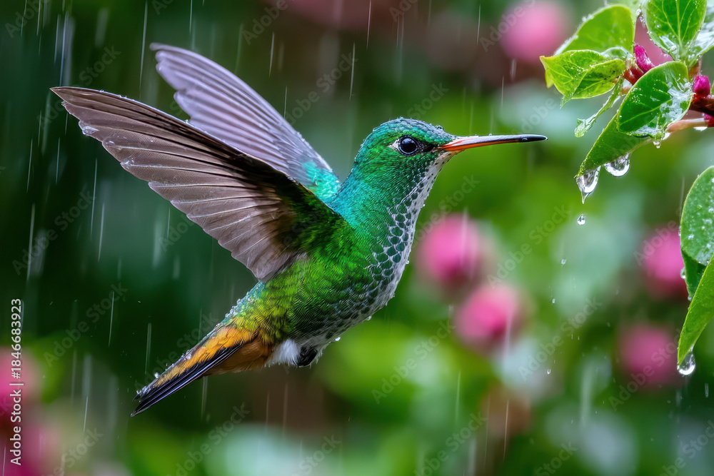Naklejka premium Hummingbird in Rain Near Blossoming Flowers