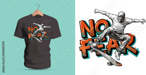 Vector T-shirt design featuring a skateboarder jumping mid-air over the bold graffiti-style text “NO FEAR,” illustrated with expressive lines, urban attitude, and energetic street-style motion