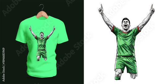 Vector T-shirt design showing a celebrating soccer player raising both arms in triumph, illustrated with dramatic shading, athletic posture, and energetic body language reflecting victory, emotion