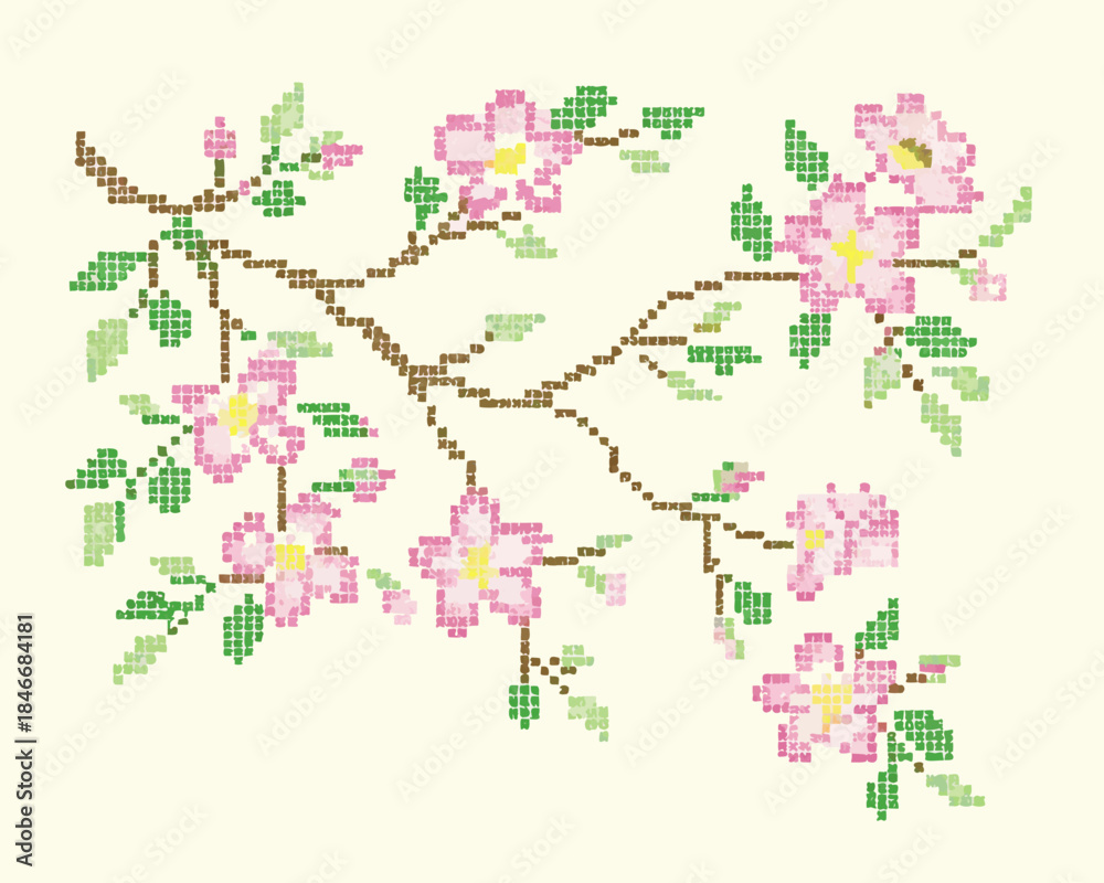 Obraz premium Delicate pink cherry blossom branch rendered in a pixelated cross stitch style