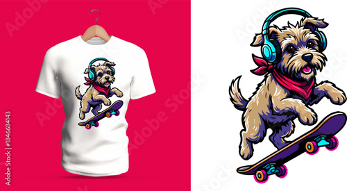 Vector T-shirt artwork showing a small dog skateboarding with headphones on, drawn in vibrant cartoon style with expressive fur, playful energy, and dynamic movement capturing fun, youthfulness