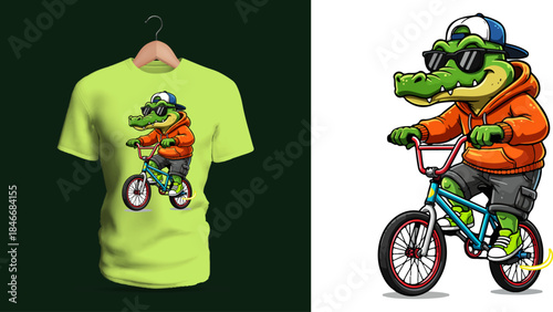 Vector T-shirt artwork of a cool alligator riding a bicycle while wearing sunglasses and a hoodie, depicted in playful cartoon style with street attitude, vivid colors, and fun outdoor motion