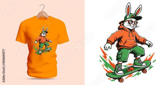 Vector T-shirt illustration of a cool rabbit skateboarder wearing street clothes, captured mid-ride with energetic motion, expressive outfit details, and playful anthropomorphic attitude reflecting