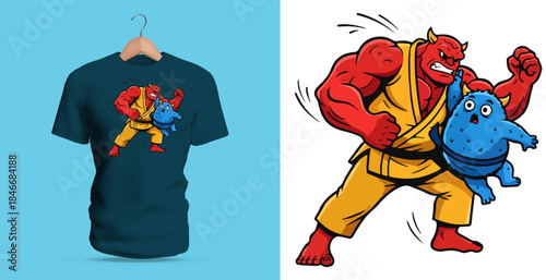 Vector T-shirt illustration of a powerful red martial artist lifting a small blue creature overhead, drawn in an exaggerated cartoon style with bold motion lines, expressive anger, and dynamic action