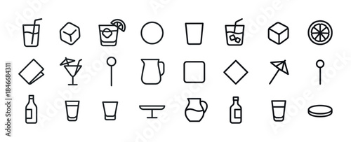 Minimalist cocktail icon set featuring glasses, ingredients, and