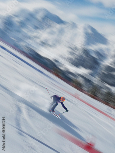 Artwork of skiing athlete carving turn on snowy mountain slope with strong motion blur. Concept of winter sport performance, personal growth, overcoming challenges, motivation content and storytelling
