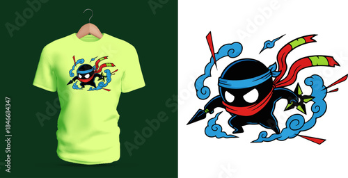 Vector T-shirt artwork of a small ninja character surrounded by swirling cloud shapes, holding sharp weapons, illustrated in bold cartoon style with stealthy expression, fluid movement, and energetic