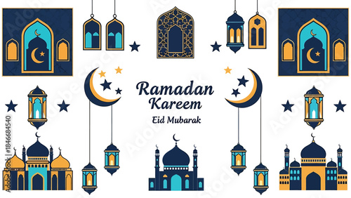 Ramadan Eid Mubarak Islamic vector graphics with mosques, lanterns and stars, celebrating the holy month of Ramadan and Eid