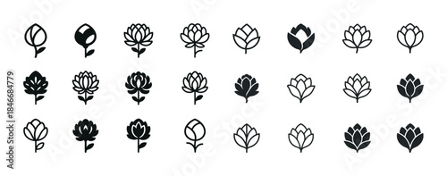 Set of twenty-five minimalist black flower icons in various styl